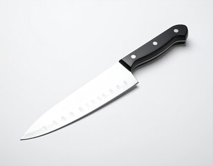 A shiny kitchen knife on a white surface, angled