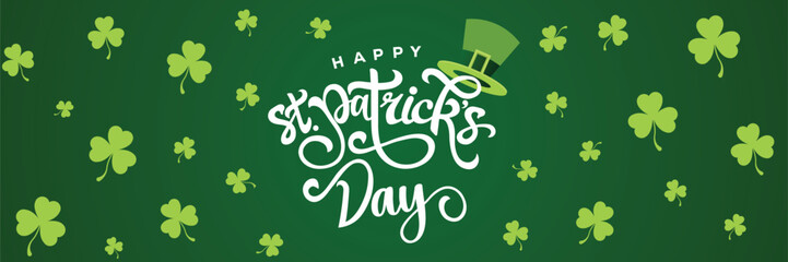 Vibrant hand-drawn script text "Happy St. Patrick's Day" in white calligraphy on a rich emerald green background scattered with playful green shamrocks. Festive vector banner design ideal for holiday.