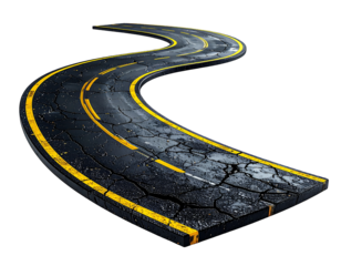 Winding, cracked asphalt road with yellow lines, isolated on black