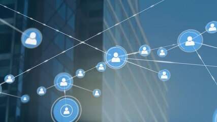 Network of connections and user icons animation over modern office building - Powered by Adobe