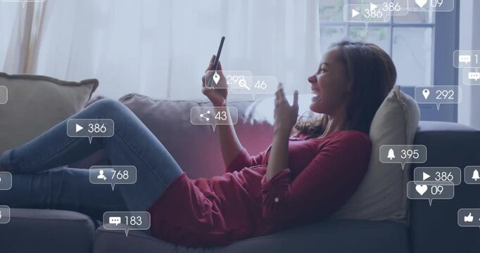 Using smartphone on couch, woman surrounded by social media notifications animation