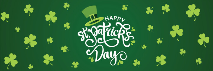 Vibrant hand-drawn script text "Happy St. Patrick's Day" in white calligraphy on a rich emerald green background scattered with playful green shamrocks. Festive vector banner design ideal for holiday.