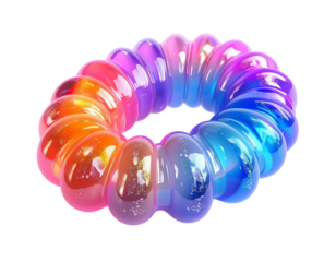 A ring of colorful, glossy, bubbly segments against a black backdrop
