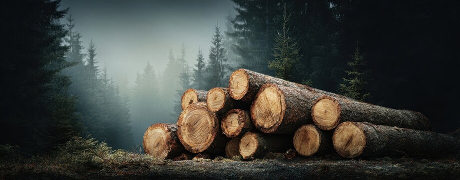 The logs stacked on a misty forest floor under dramatic moody light - Powered by Adobe
