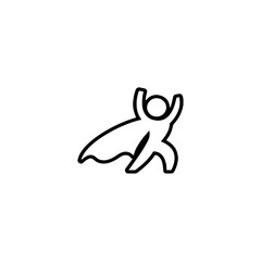A simple black and white line drawing of a small superhero figure with a flowing cape and arms raised