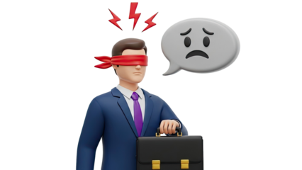 Blindfolded Businessman with Sad Speech Bubble and Lightning Bolts