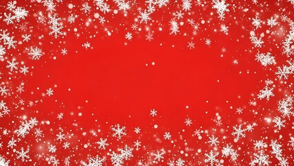 Red background with white snowflakes and dots falling from border snowflakes falling winter