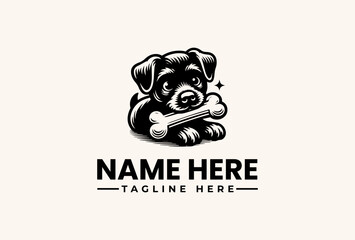 A black and white illustration of a pug holding a bone with a placeholder name and tagline on a beige background, featuring a logo and pictogram design.