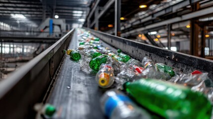 Plastic bottles moving on a conveyor belt in a modern recycling facility