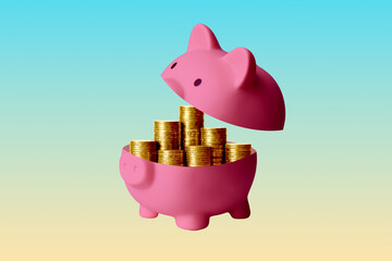 Piggy bank with gold coins represents savings, wealth accumulation, investment growth, financial planning, future stability.