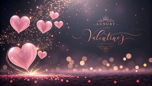 Luxury Valentine&rsquo;s Day Background with Elegant Hearts and Golden bouquet Lights