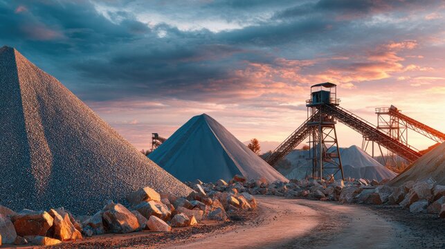 Piles of aggregate at a construction site during a sunset.