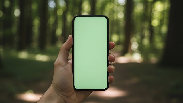 Hand holding a smartphone with a green screen in a forest. - Powered by Adobe