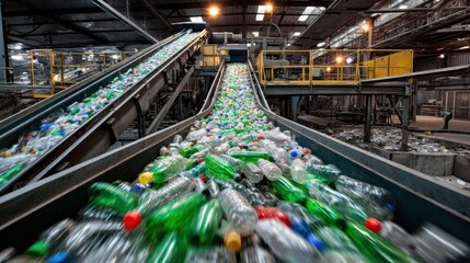 Plastic bottles moving on conveyor belts in a recycling facility for sorting and processing