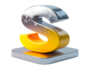 3D rendered, shiny metal and gold letter S, resting on a base