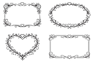 Obraz premium Hand drawn ornamental line art frame set featuring swirls, hearts, and floral elements in various shapes for weddings and invitations