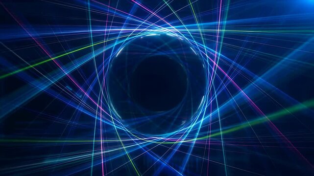 Abstract light trails forming a circular pattern in a dark background. Represents technology, innovation, and digital creativity