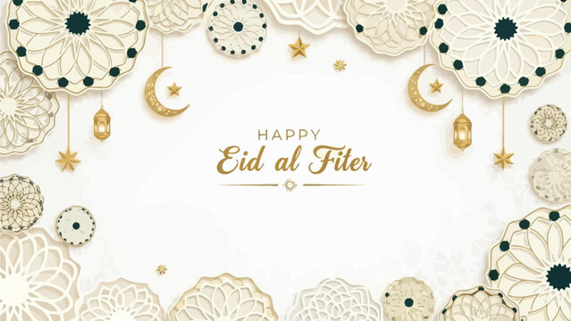 Eid al-Fitr greeting card with gold floral patterns and crescent moons on a white background, conveying a festive and celebratory mood.