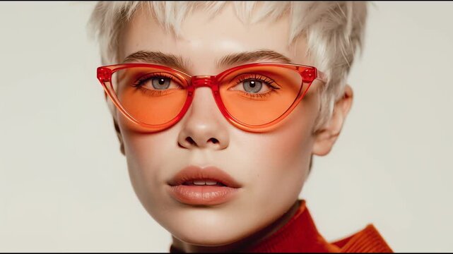 Captivating portrait of a stylish young woman with short platinum blonde pixie cut and piercing blue eyes wearing red cat eye sunglasses, confidently posing against white background