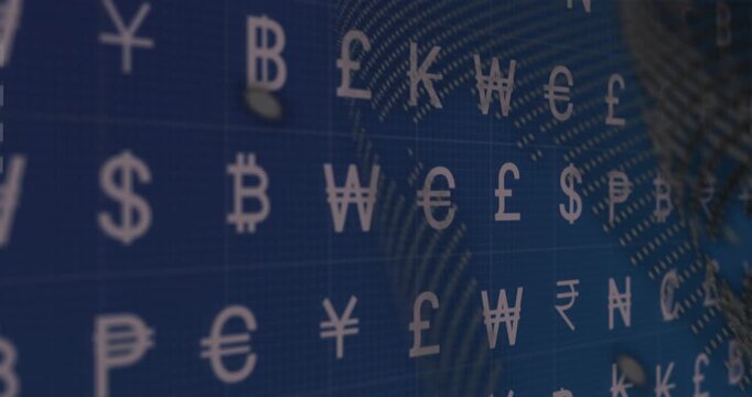Currency grid staying static then particles drifting into pulsing globe showing data flow