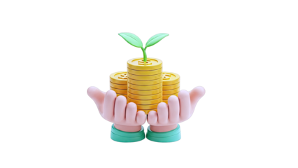 Hands Holding Stack of Coins with Growing Plant