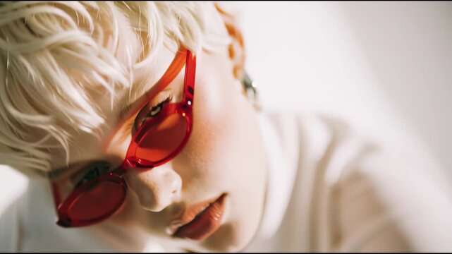 Attractive blonde woman with a chic pixie cut wearing red tinted sunglasses, gazing at camera with sensual, sunlit skin against a clean white background, close up portrait