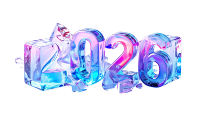 Crystaline 2026 digits in ice blue, pink, and purple colors on black