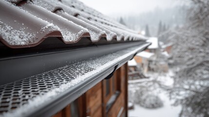 Snow-covered brown metal roof and gutter with protective mesh guard during winter