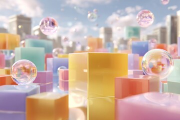 Schwebende geometrische Formen in Pastellfarben &uuml;ber moderner Stadt mit Textfreiraum