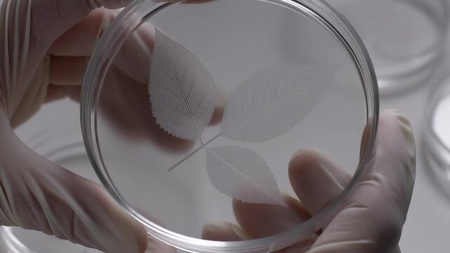 Petri dish holding etched plant leaves: merging nature science innovation