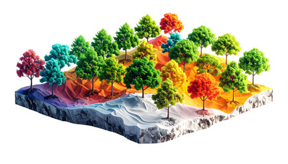 Isometric landscape with colorful trees on a vibrant, multi-layered terrain