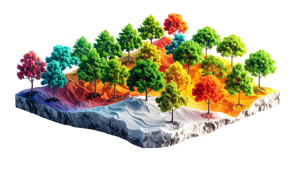 Isometric landscape with colorful trees on a vibrant, multi-layered terrain