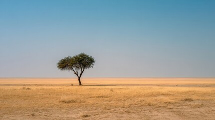 Solitary tree in a vast dry savanna landscape under a clear blue sky