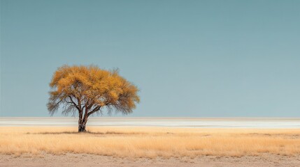 Solitary yellow tree in a vast arid desert landscape under a clear blue sky