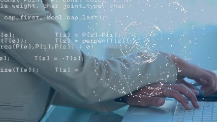 Animation of globe with connections and data processing over caucasian businesswoman typing - Powered by Adobe