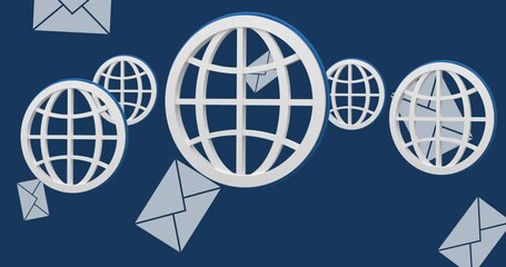 Animation of globes and emails over navy background - Powered by Adobe