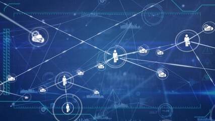 Animation of network of connections with digital icons statistics and data processing - Powered by Adobe