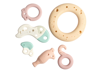 Assortment of soft, textured teething toys in various muted colors