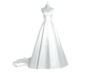 Sleek ivory satin wedding gown on a mannequin, with a flowing train