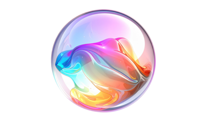 Colorful abstract shape swirls within a clear, reflective orb
