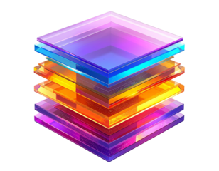 Isometric stack of colorful, transparent, layered squares on black