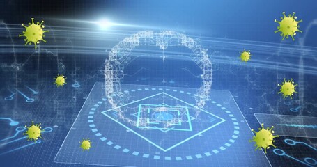 Animation of covid 19 cells and human brain with computer circuit board and data processing - Powered by Adobe