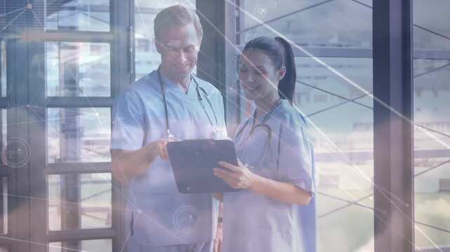 Animation of connections over happy caucasian female and male doctors with notes