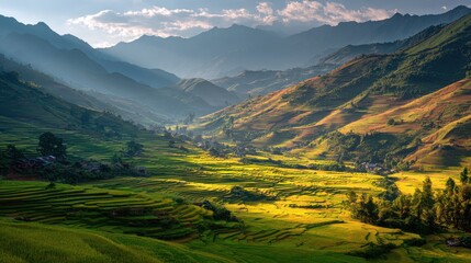 Sunlit terraced rice fields in a vast mountain valley with rural villages, beautiful scenic landscape