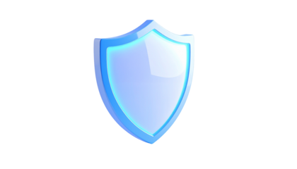 A luminous, blue shield graphic against a stark black background