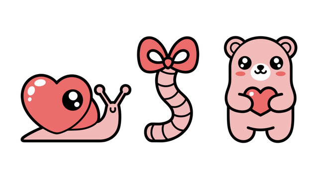 Adorable Cartoon Love Icons: Playful icons of love, including a heart-shaped snail, a ribbon worm, and a bear, perfect for conveying themes of affection, sweetness, and fun. 