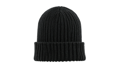 Black ribbed knit beanie, isolated on black background, winter wear