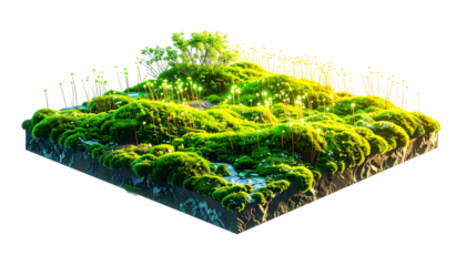 Isometric view of a mossy landscape with glowing particles