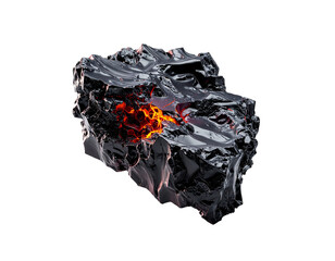 Glowing molten core bursts through a reflective dark mineral mass