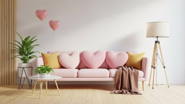 Cozy living room with pink heart shaped pillows and balloons - Powered by Adobe
